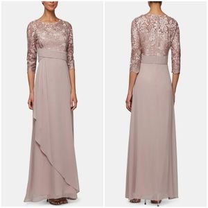 Alex Evenings Asymmetrical Sheer Overlay Pink Blush Embroidered Lace Gown 16P